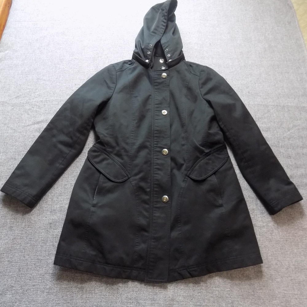 Kristen Blake Hooded Jacket Women Medium Black Good Mid-Length Snap Zip Parka